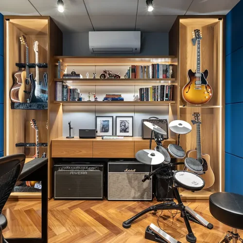 Um estúdio de música em um apartamento residencial